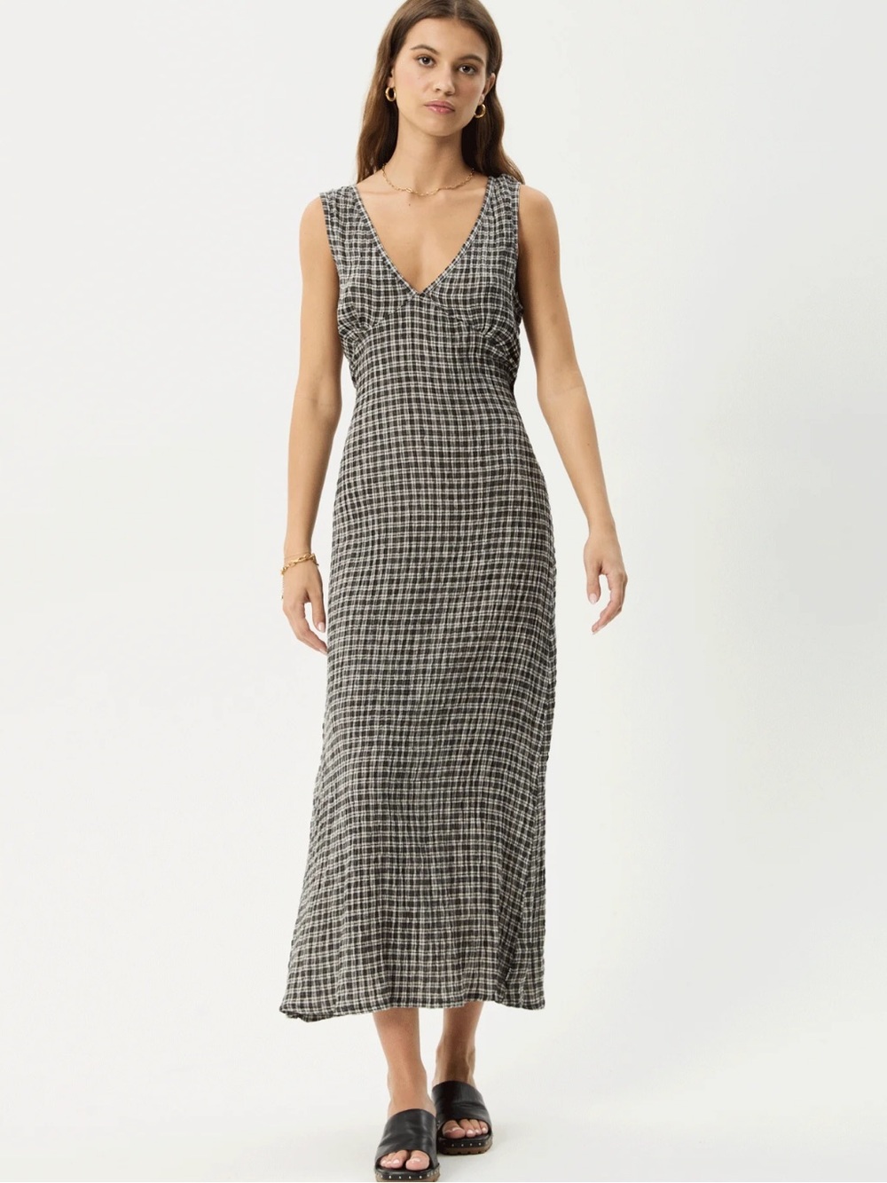 Afends Black & Cream Houndstooth V-Neck Maxi Dress